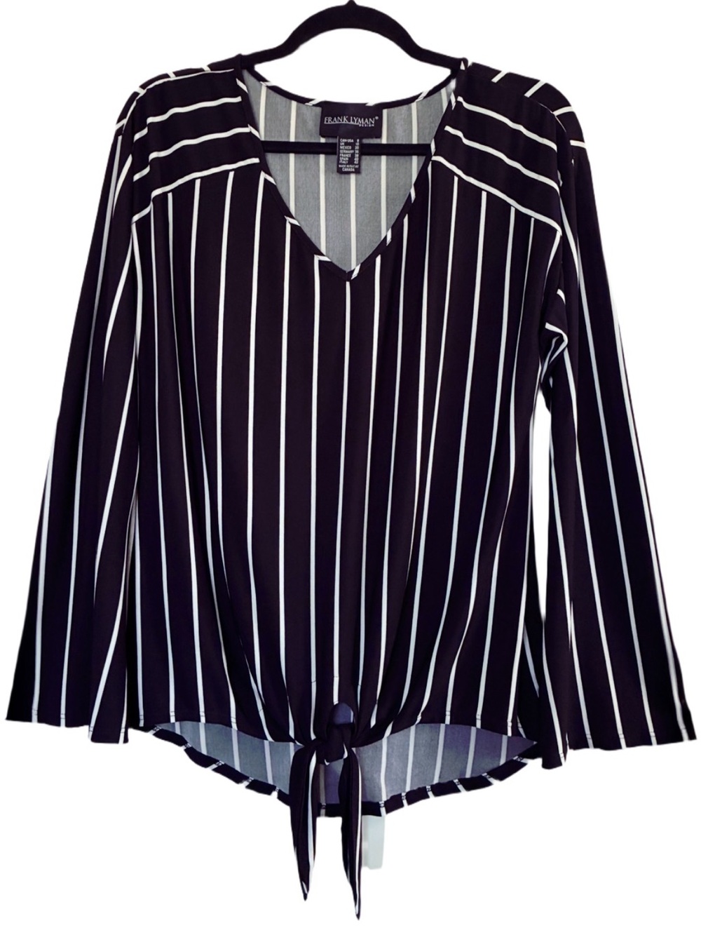 Frank Lyman Design Black and White Vertical Stripe V-Neck Tie-Front Blouse